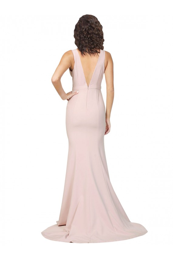 Deep Plunging V-Neckline Full Length Crepe Bridesmaid Dress with Deep V-Backline