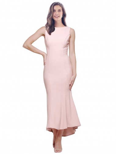 High Neck Low V-Back Midi Length Crepe Bridesmaid Dress