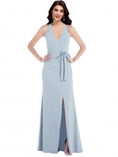 Open Back Halter Maxi Bridesmaid Dress with Draped Bow