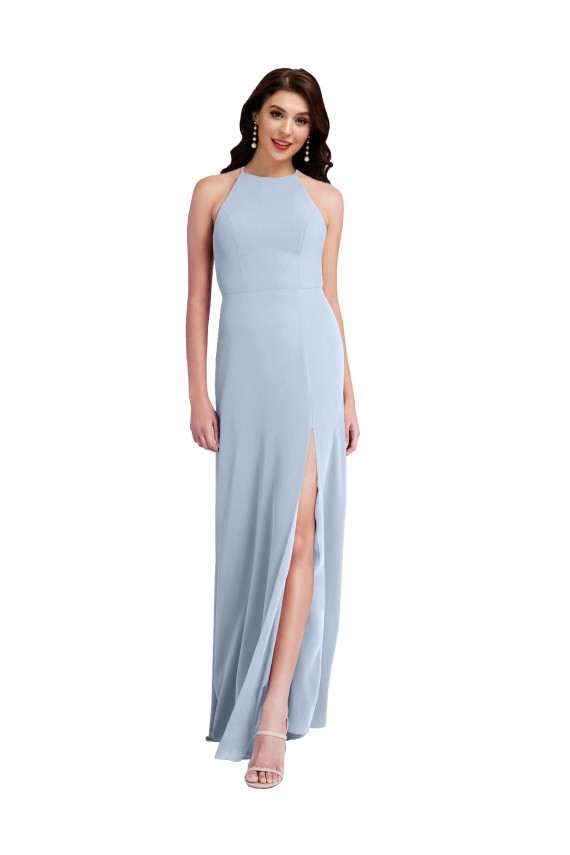 Fit and Flare High Neck Crepe Bridesmaid Dress with Side Slit