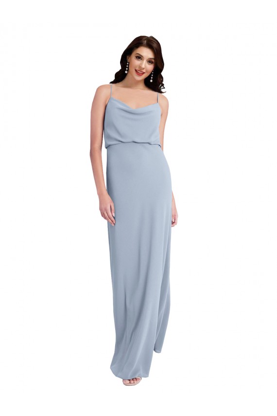 Draped Cowl Neck Long Crepe Bridesmaid Dress with Spaghetti Straps