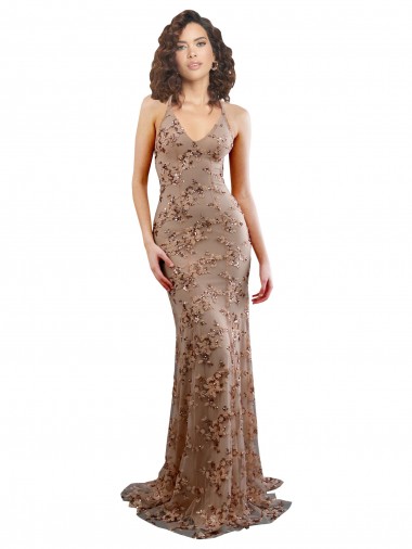 Floral Patterned Backless V-Neckline Sequin Bridesmaid Dress