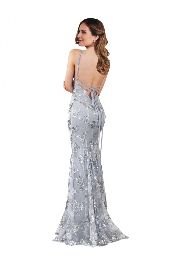 Silver V-Neckline Backless Floral Patterned Sequin Bridesmaid Dress