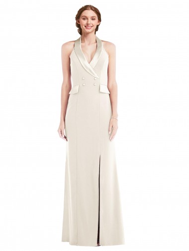 Halter Tuxedo Maxi Bridesmaid Dress with Front Slit
