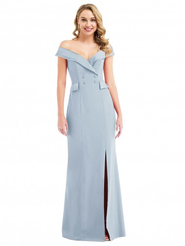 Off the Shoulder Tuxedo Maxi Bridesmaid Dress with Front Slit