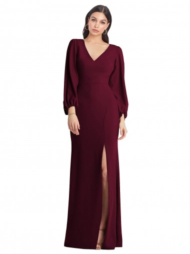 Long Puff Sleeve V-Neck Trumpet Bridesmaid Maxi Dress