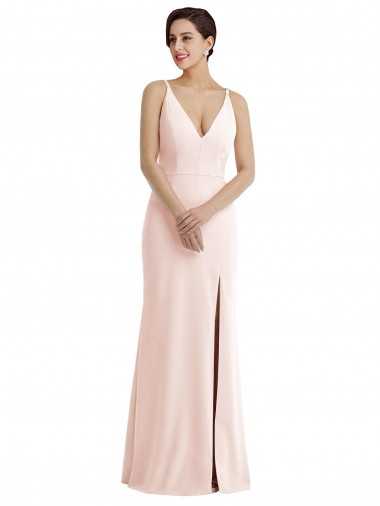 Skinny Strap Deep V-Neck Crepe Trumpet Bridesmaid Dress with Front Slit