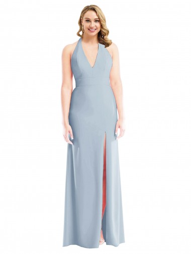 Plunge Neck Halter Backless Trumpet Bridesmaid Dress with Front Slit