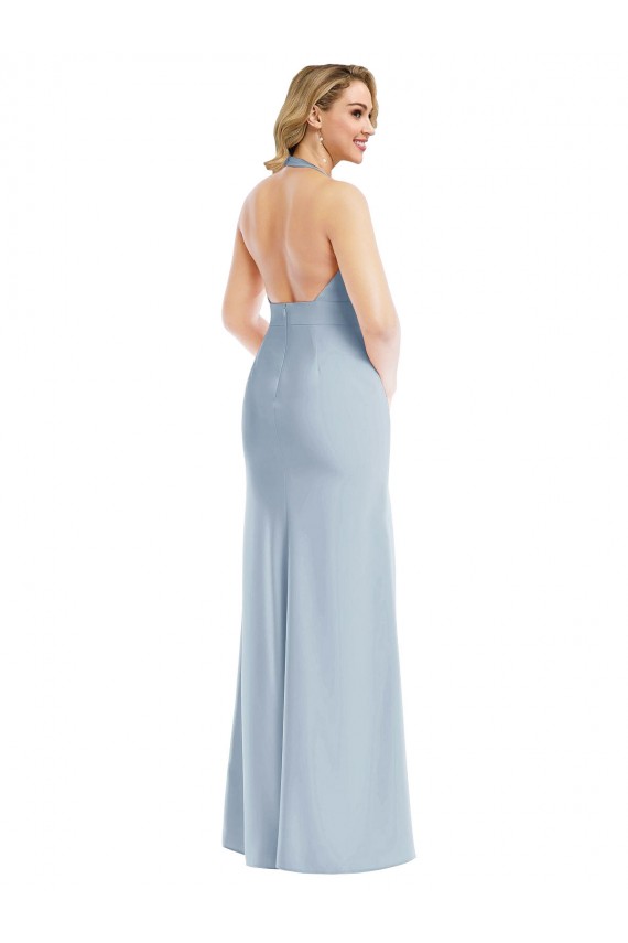 Plunge Neck Halter Backless Trumpet Bridesmaid Dress with Front Slit