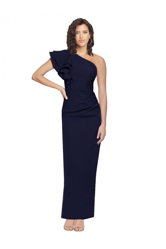 Ruched Floor Length Long Crepe Bridesmaid Dress with Shoulder Ruffles