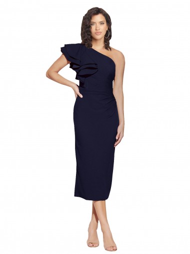 Ruched Midi Length Short Crepe Bridesmaid Dress with Shoulder Ruffles