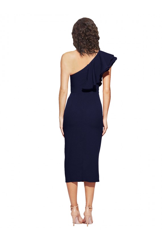 Ruched Midi Length Short Crepe Bridesmaid Dress with Shoulder Ruffles