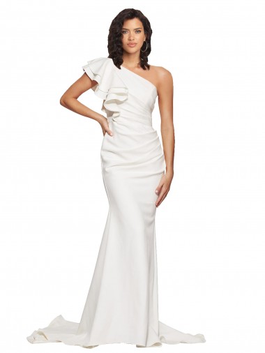 Ruched Long Sweep Train Crepe Bridesmaid Dress with Shoulder Ruffles