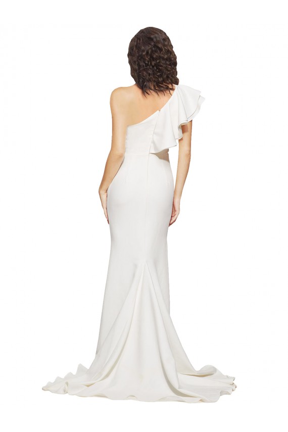 Ruched Long Sweep Train Crepe Bridesmaid Dress with Shoulder Ruffles