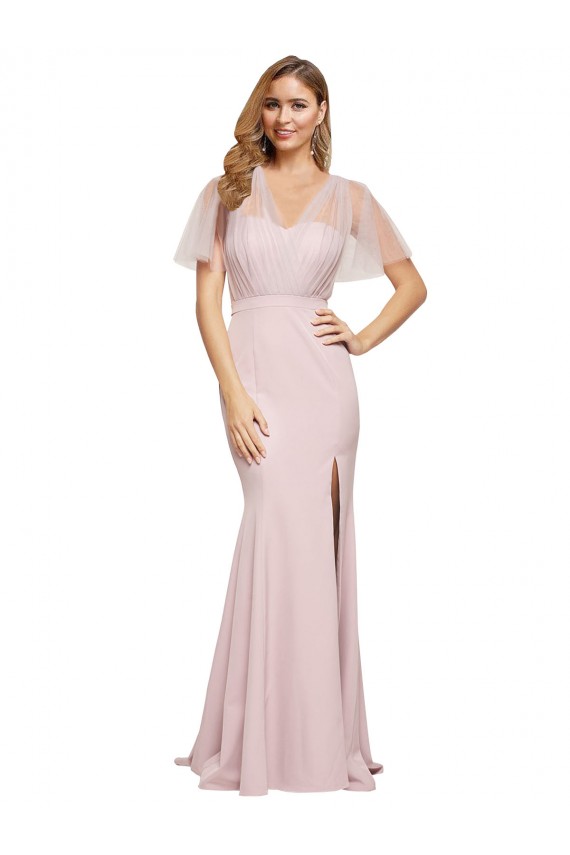 Crepe Long Sweetheart Neckline Bridesmaid Dress with Tulle Overlay Shoulders