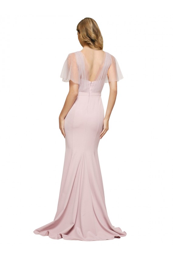 Crepe Long Sweetheart Neckline Bridesmaid Dress with Tulle Overlay Shoulders