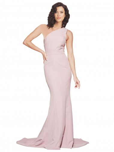Long Sweep Train One Shoulder Crepe Bridesmaid Dress with Side Leg Split