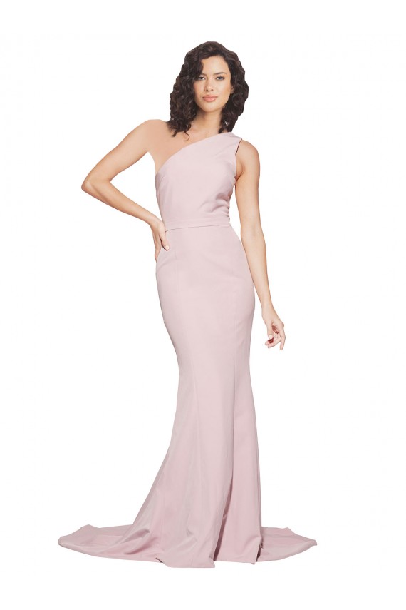 Long Sweep Train One Shoulder Crepe Bridesmaid Dress with Side Leg Split