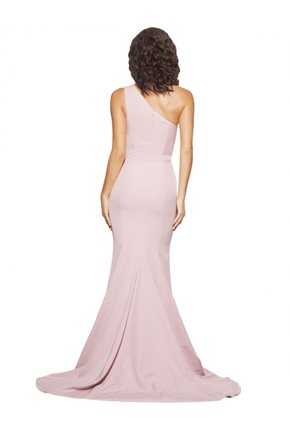 Long Sweep Train One Shoulder Crepe Bridesmaid Dress with Side Leg Split