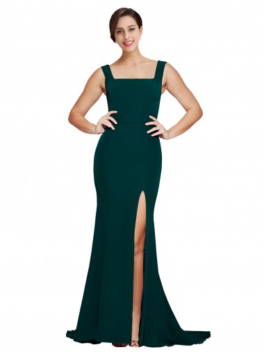 Fitted Square Neck Long Crepe Bridesmaid Dress with Train and Side Split