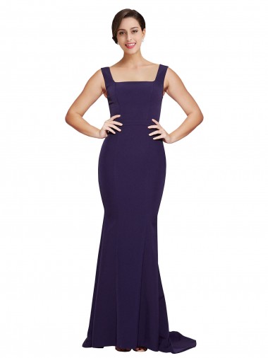 Square Neck Long Sweep Train Crepe Bridesmaid Dress with Thick Straps