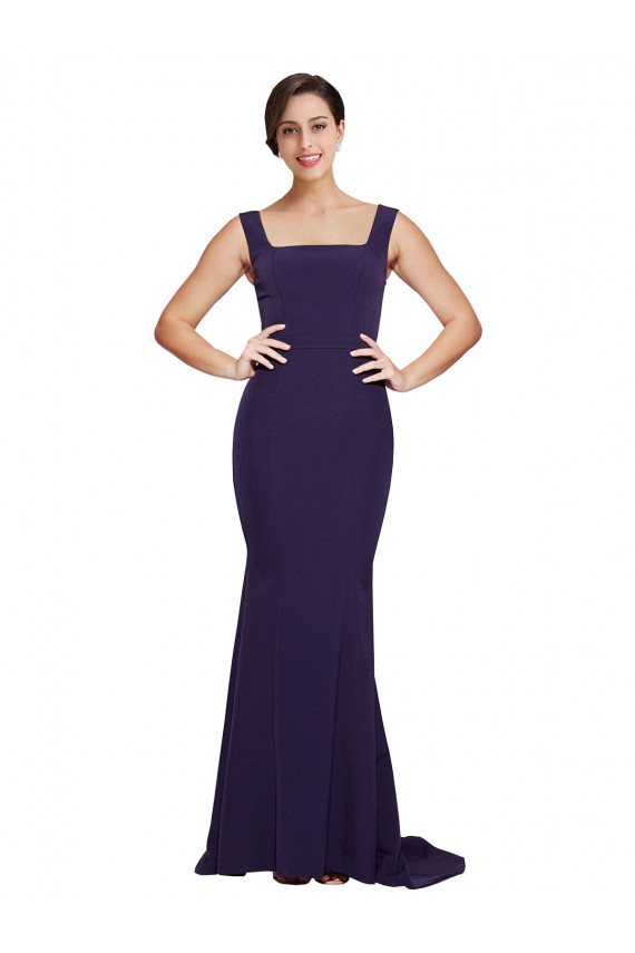 Square Neck Long Sweep Train Crepe Bridesmaid Dress with Thick Straps