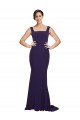 Square Neck Long Sweep Train Crepe Bridesmaid Dress with Thick Straps