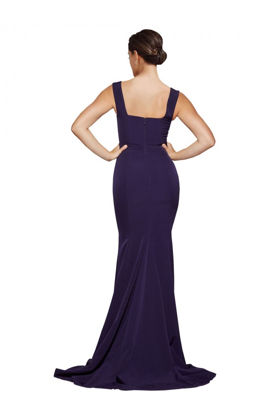 Square Neck Long Sweep Train Crepe Bridesmaid Dress with Thick Straps