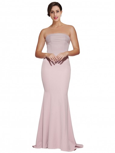 Straight Neck Long Strapless Crepe Bridesmaid Dress with Soft Tulle Overlay and Small Train