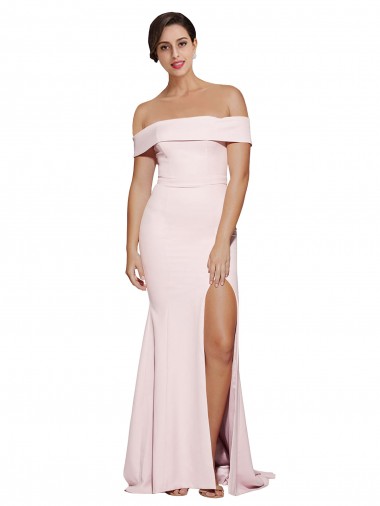 Off Shoulder Long Crepe Bridesmaid Dress with Straight Neckline and Side Split