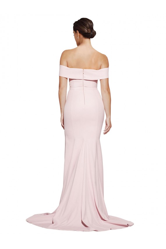 Off Shoulder Long Crepe Bridesmaid Dress with Straight Neckline and Side Split