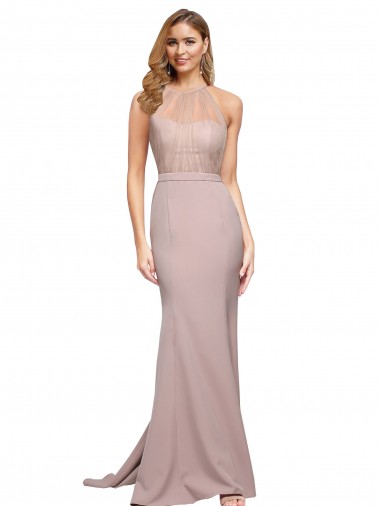 Long Sweetheart Crepe Bridesmaid Dress with High Neck Illusion Tulle Details