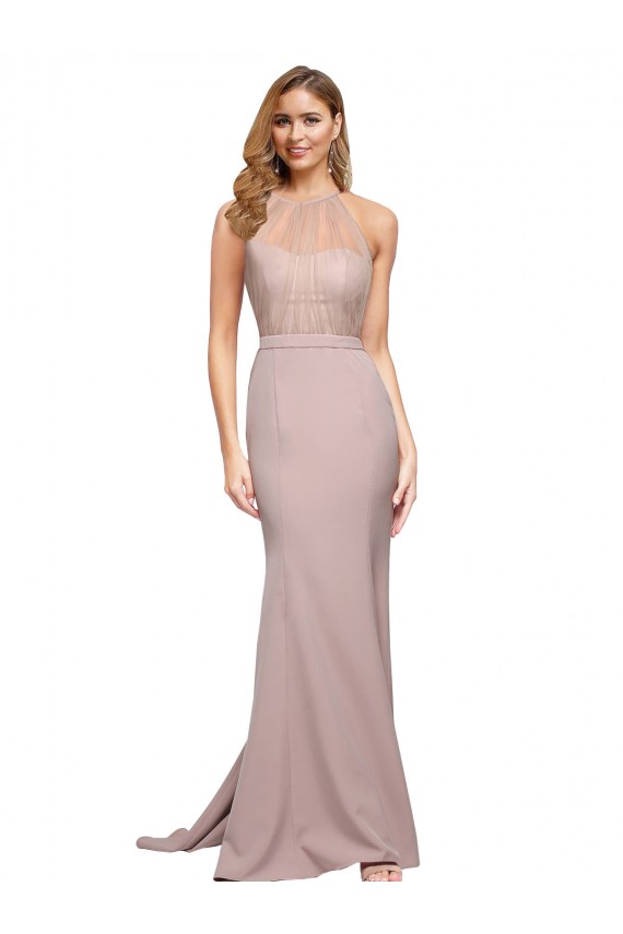 Long Sweetheart Crepe Bridesmaid Dress with High Neck Illusion Tulle Details