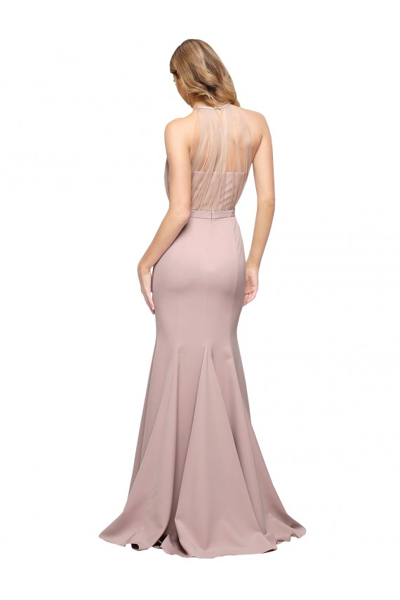 Long Sweetheart Crepe Bridesmaid Dress with High Neck Illusion Tulle Details
