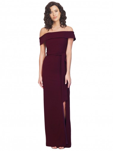 Fitted Full Length Off the Shoulder Crepe Bridesmaid Dress with Side Split and Waist Tie