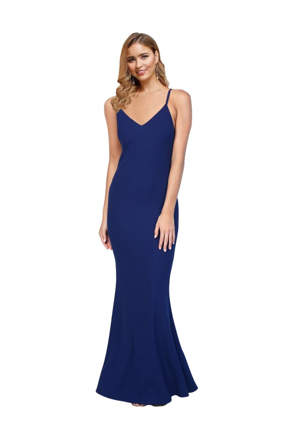 Full Length V-Neckline Crepe Bridesmaid Dress with Thin Straps and Fulted Skirt