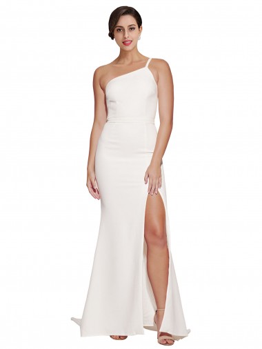 Long Sweep Train Crepe Bridesmaid Dress with Side Split and One Strap