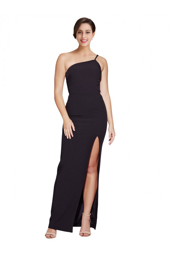 Long Floor Length Crepe Bridesmaid Dress with Side Split and One Strap