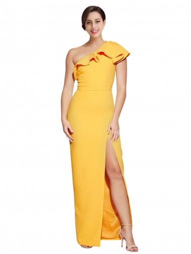 One Shoulder Floor Length Crepe Bridesmaid Dress with Thigh High Split