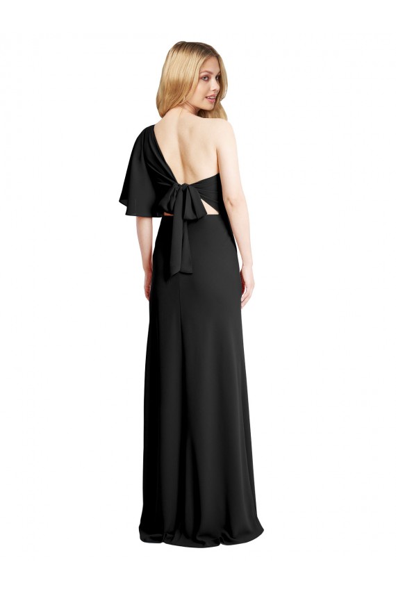 Pleated One Shoulder Flutter Sleeves Slim Crepe Bridesmaid Dress