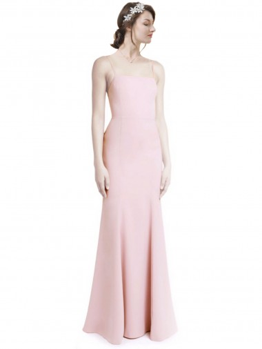 Square Neck Criss Cross Open Back Slim Crepe Bridesmaid Dress with Spaghetti Straps
