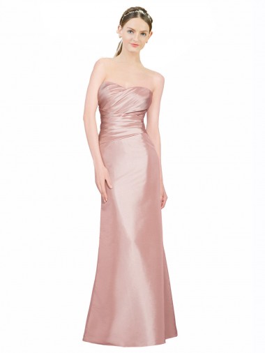 Long Strapless Stretch Satin Bridesmaid Dress with Pleats and Low Back