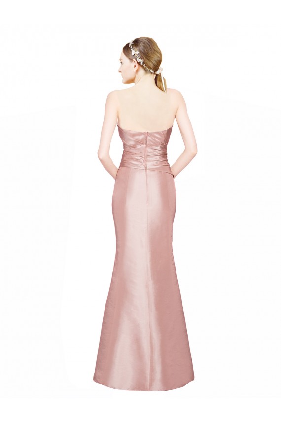 Long Strapless Stretch Satin Bridesmaid Dress with Pleats and Low Back