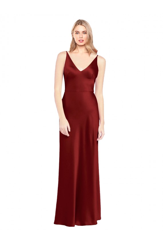 Full Length Long Stretch Satin Slip Bridesmaid Dress V-Back