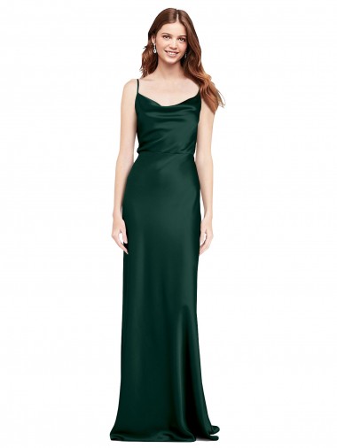 Fitted Cowl Neck Long Stretch Satin Slip Bridesmaid Dress with V-Back