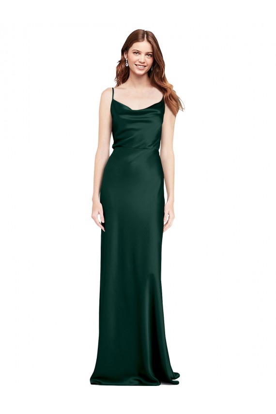 Fitted Cowl Neck Long Stretch Satin Slip Bridesmaid Dress with V-Back