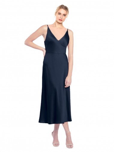 V-Neck Midi Length Short Stretch Satin Bridesmaid Dress V-Back