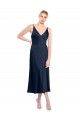 V-Neck Midi Length Short Stretch Satin Bridesmaid Dress V-Back