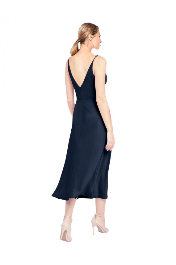 V-Neck Midi Length Short Stretch Satin Bridesmaid Dress V-Back