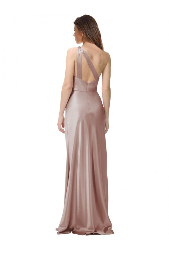 One Shoulder Black-Tie Floor Length Long Stretch Satin Bridesmaid Dress